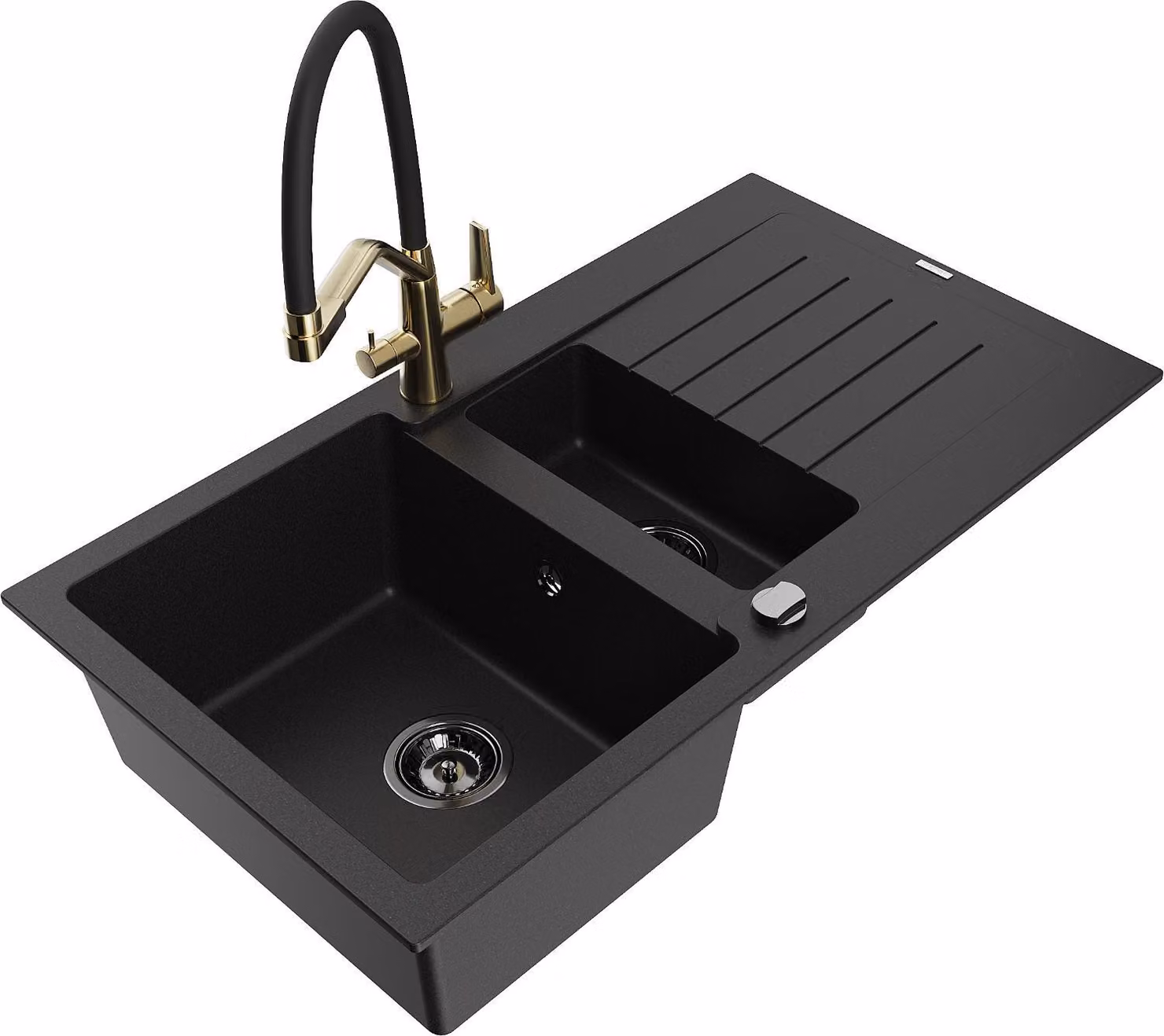 Mexen Matias lavello in granito con 1,5 vasche con scolapiatti e rubinetto da cucina Duo, nero - 6502-77-671701-57-B