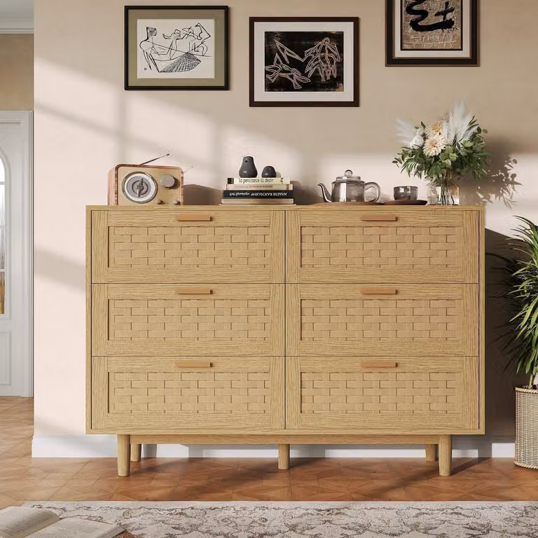 Comodino con 6 cassetti, rattan, 80x40x115 cm. Mobile contenitore, ideale per soggiorno o ingresso, finitura naturale (A5)
