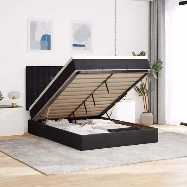 Letto con contenitore a sollevamento vidaXL in velluto nero e bianco con illuminazione sottostante e porte USB L/P/H: 140 x 190 x 128 cm