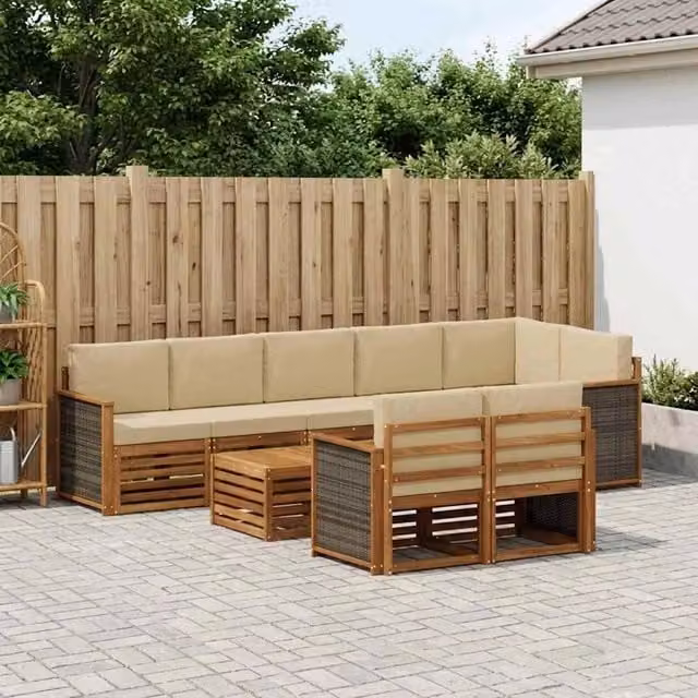 Set di divani da esterno a L vidaXL in legno di acacia con tavolo da caffè, 8 pezzi, marrone e beige