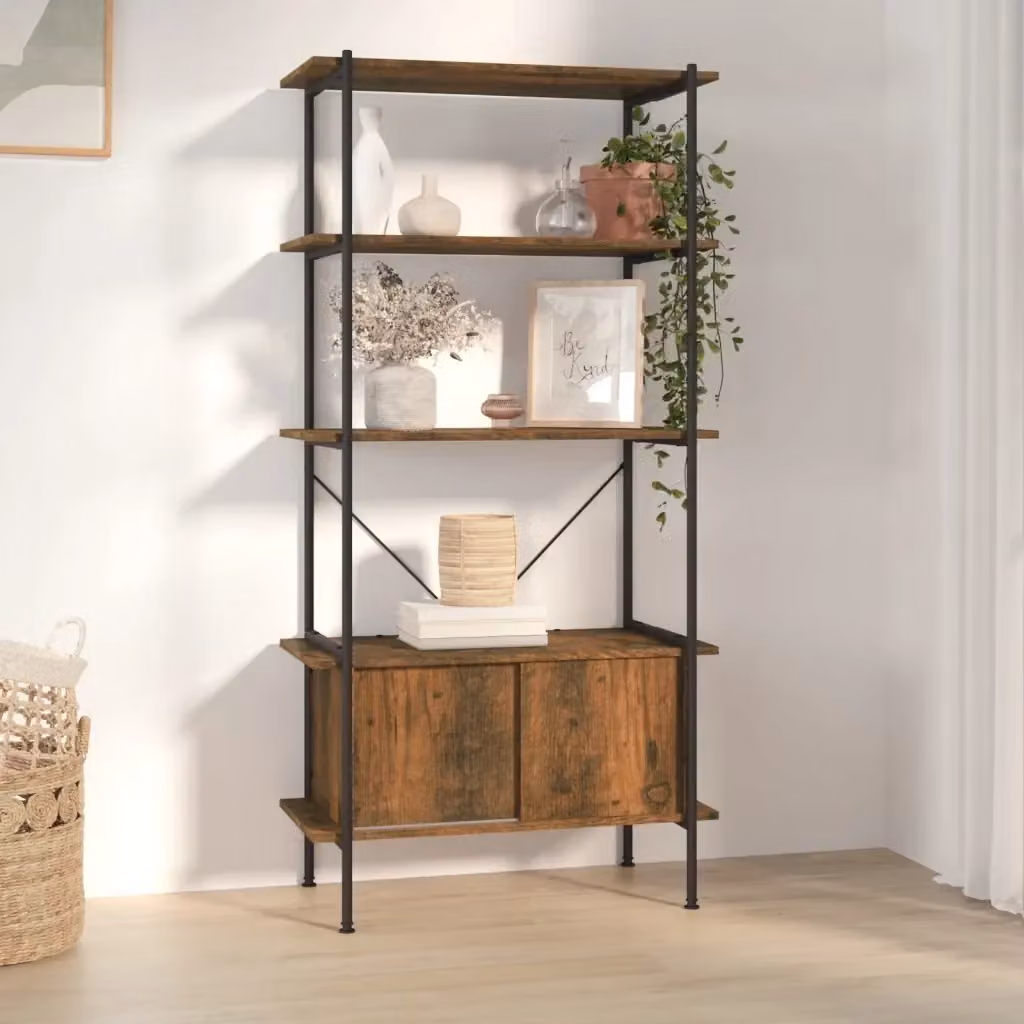Scaffalatura a 5 Livelli con Mobile in Acciaio e Legno Design Industrial, Colore Nero e Marrone, L 80 cm x P 40 cm x H 163 cm – 2