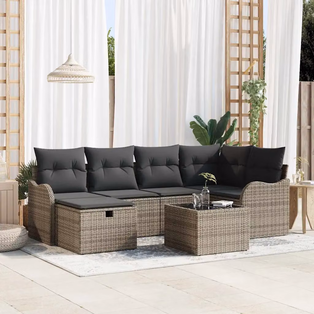 Set Divano da Giardino vidaXL a Forma di L in Poly Rattan Grigio con Cuscini e Tavolino da Esterno – 1