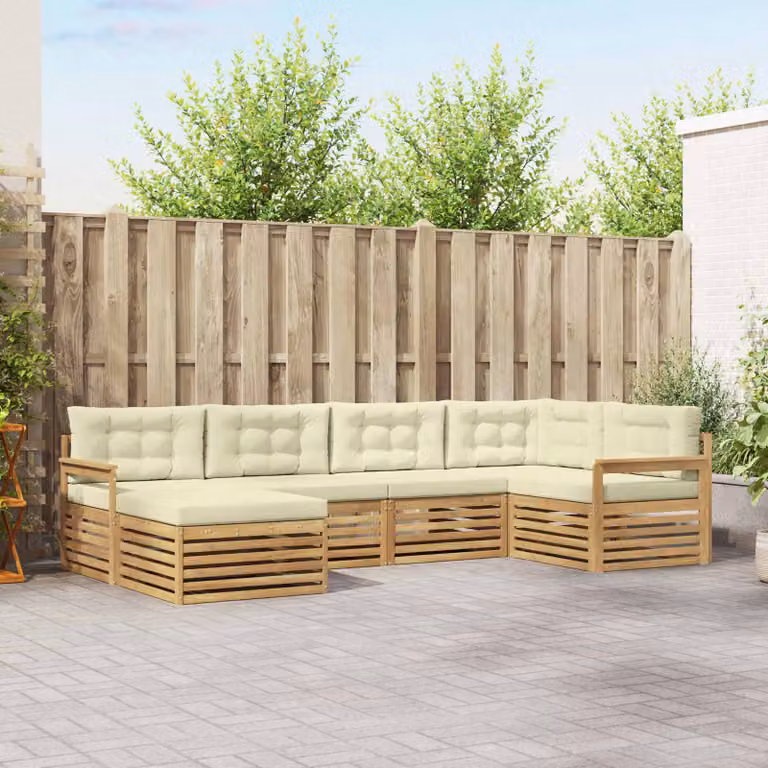 Set di divani da esterno vidaXL a forma di L con pouf, struttura in legno di acacia e cuscini bianchi e beige