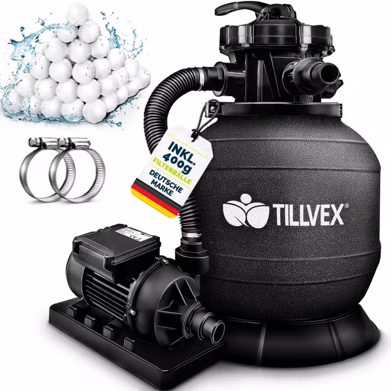 tillvex® sistema di filtraggio a sabbia per piscina 7.900L/h incl. sfere filtranti da 400g nero | sistema di filtraggio valvola a 7 vie & adattatore 2in1 Ø32mm - 38mm | filtro per piscina con indicatore di pressione | filtro a sabbia per piscine
