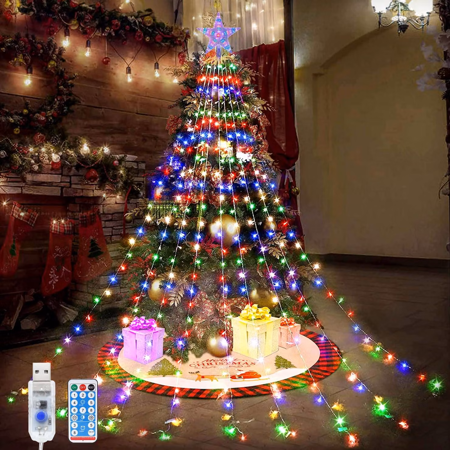 Luci a LED a forma di stelle, 2 metri x 9 fili, effetto cascata, multicolore, alimentazione USB, con telecomando