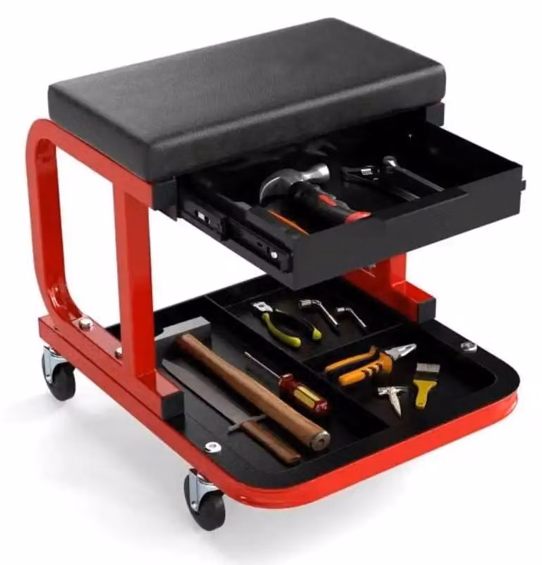Sedia imbottita per tecnici, dotata di cassetto porta-attrezzi e ruote universali, carrozzina con una capacità di carico di 185 kg