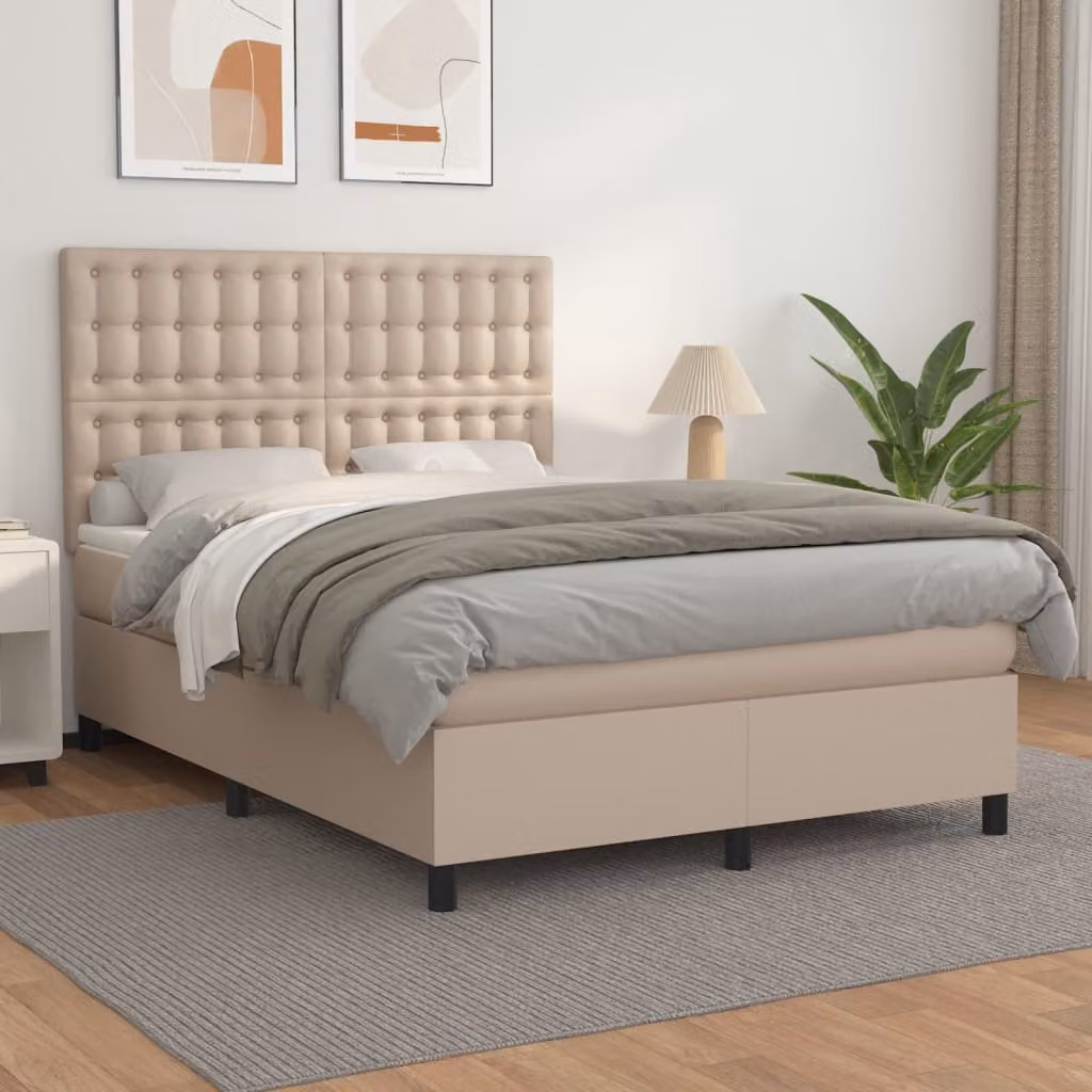 vidaXL Letto con Giroletto a Molle e Materasso Ibrido in Similpelle Colore Cappuccino L/P/H: 190 x 140 x 44 cm