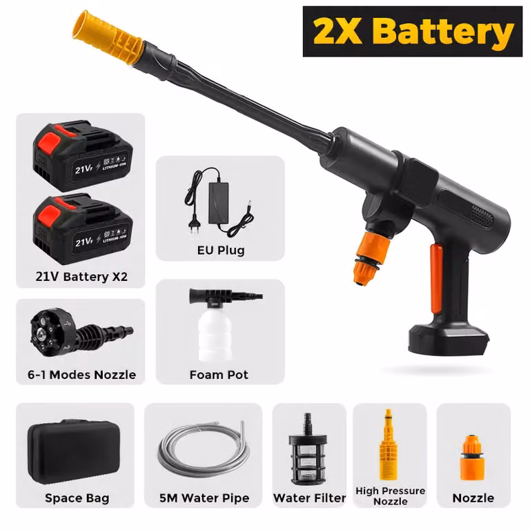Idropulitrice a batteria - 200 bar - 3500 W - Motore brushless - 6 in 1 - 2 batterie da 21 V - Spina di tipo EU