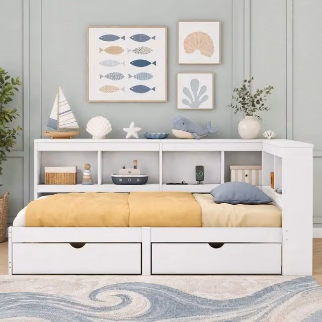 Letto daybed 90x200 cm con 2 cassetti; presa e 2 USB; ripiani laterali; bianco