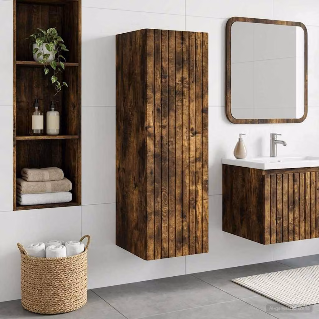 Mobiletto da bagno a muro vidaXL in rovere fumo con ante a battente e ripiani interni, L: 33 cm, P: 34,5 cm, H: 60 cm