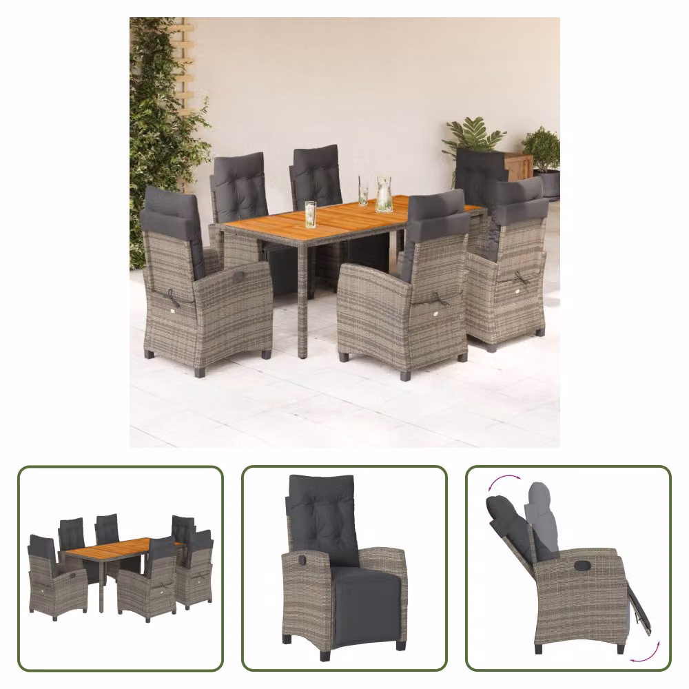 The Living Store Set da pranzo da giardino 7 pezzi con cuscini in poly rattan grigio