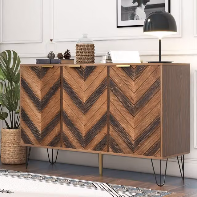 Credenza Moderna Aosom con 3 Ante, Spazio Portaoggetti e Maniglie Dorate, Piedi in Ferro, Colore Legno Naturale