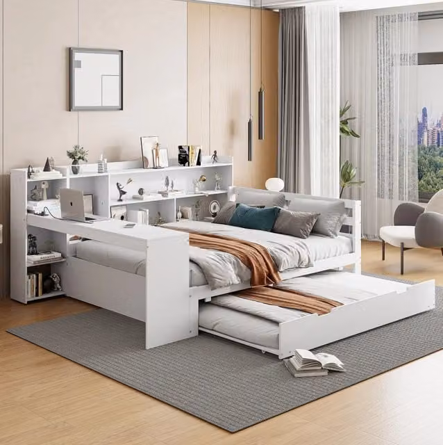 Letto multifunzione MODFU in legno bianco con scrivania, ripiani, prese USB e letto estraibile L/P: 140 x 200 cm