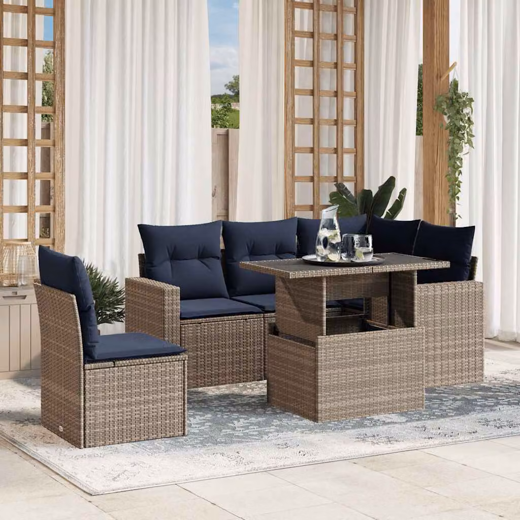 Set di divani da giardino vidaXL in polyrattan con cuscini grigi e blu, 6 pezzi