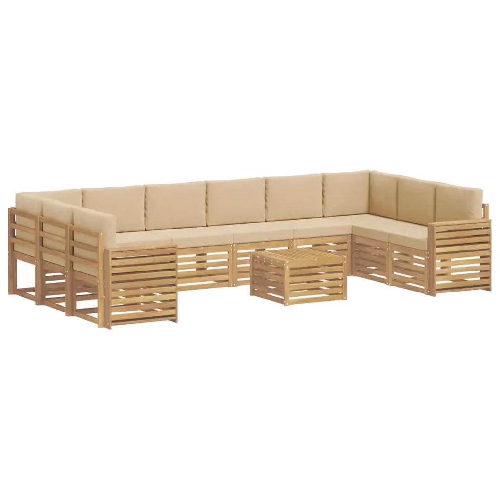 Set di divani da esterno vidaXL a forma di L in legno di acacia con tavolo da caffè, 11 pezzi, Bianco e Beige – 2