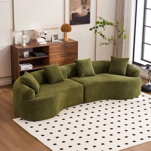 Divano 4 posti curvo in chenille con design lussuoso, morbido e senza montaggio, facile da spostare, verde