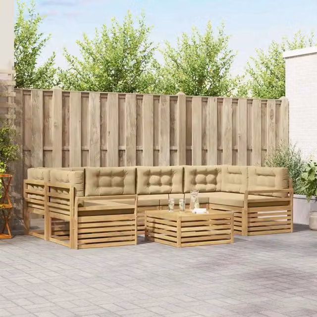 Set di divani da esterno vidaXL a forma di U in legno di acacia con tavolino e cuscini, Bianco e Beige – 1