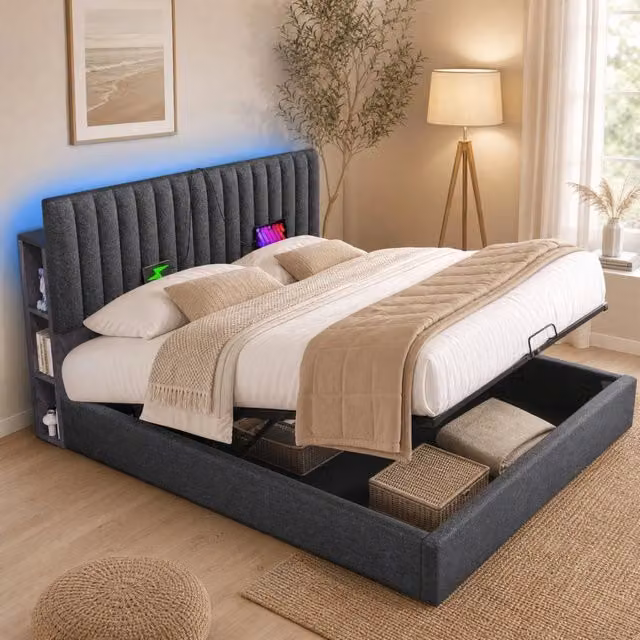 Letto matrimoniale imbottito ULEVR 140x200 cm con materasso, contenitore, LED via app e USB/Type-C, grigio
