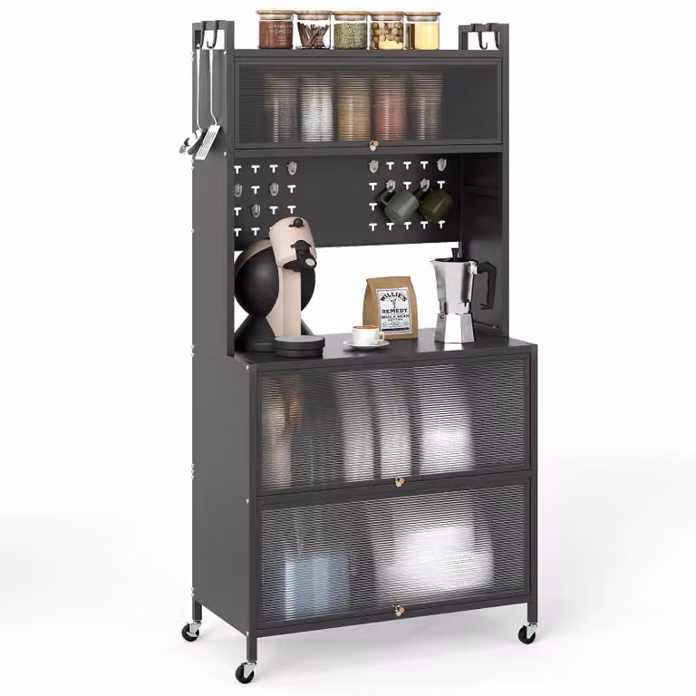 Mobiletto da cucina FANTASK, scaffale da cucina su ruote con piano di lavoro, pannello forato e ganci