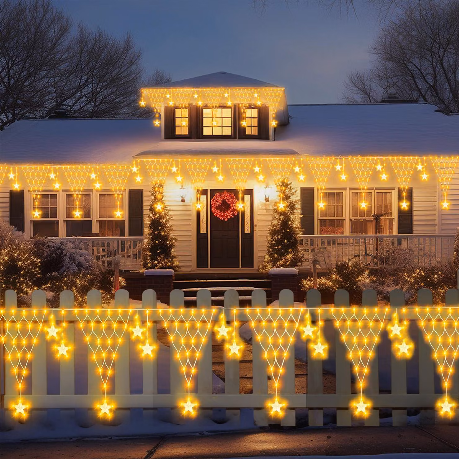 Catena luminosa a LED con forma di stella, rete luminosa, 8 modalità di illuminazione, tenda luminosa, decorazione natalizia per Natale, Halloween e feste, luce bianca calda
