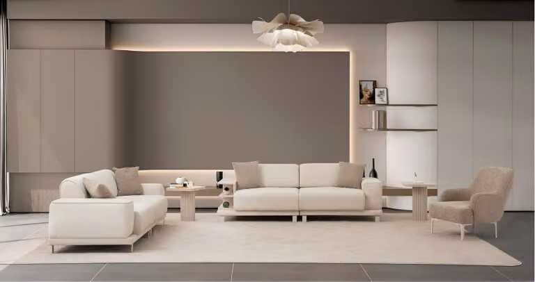 Beigefarbenes Wohnzimmer-Set Stoff 3-Sitzer-Sofa Beistelltische Polstersessel