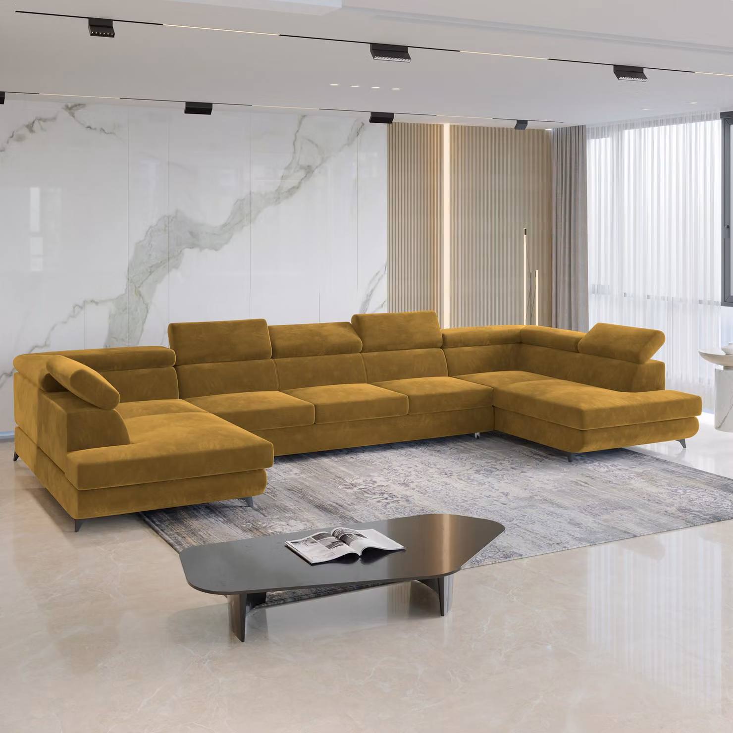 Divano angolare URMANO di Masseno con funzione letto a U, divano con box letto, divano da soggiorno, divano, divano letto, set di divani - giallo, MONOLITH 48