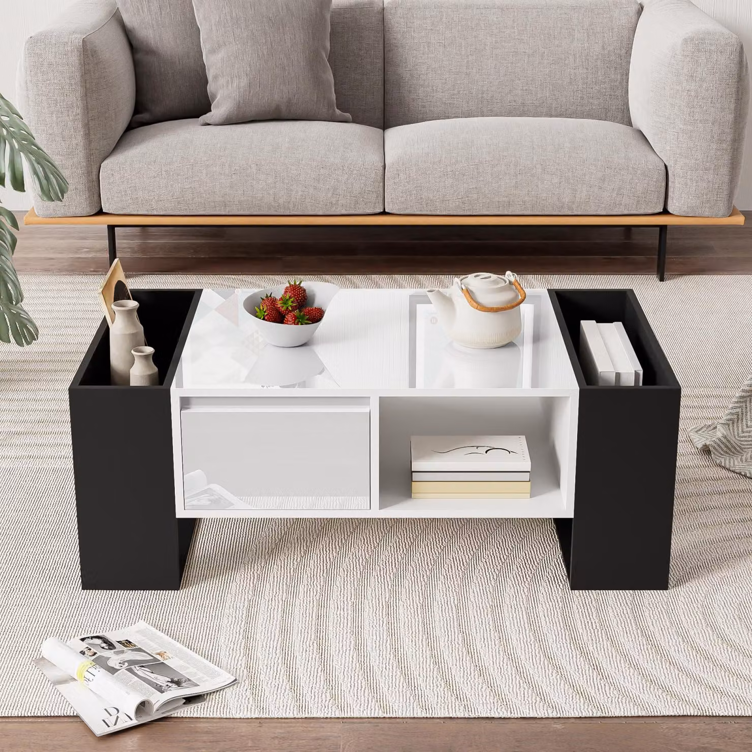 Tavolino moderno e lucido con cassetto - Design bianco e nero - Cassetto e 4 vani a giorno