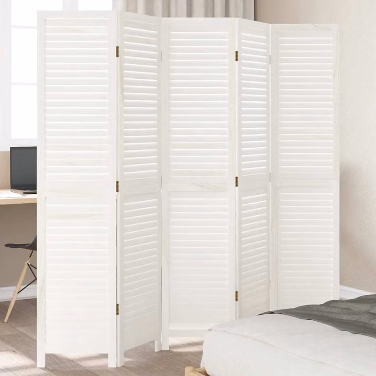 Divisorio Ambienti vidaXL in Legno Massello di Paulownia con 5 Pannelli, Stile Retrò, Bianco, H: 180 cm