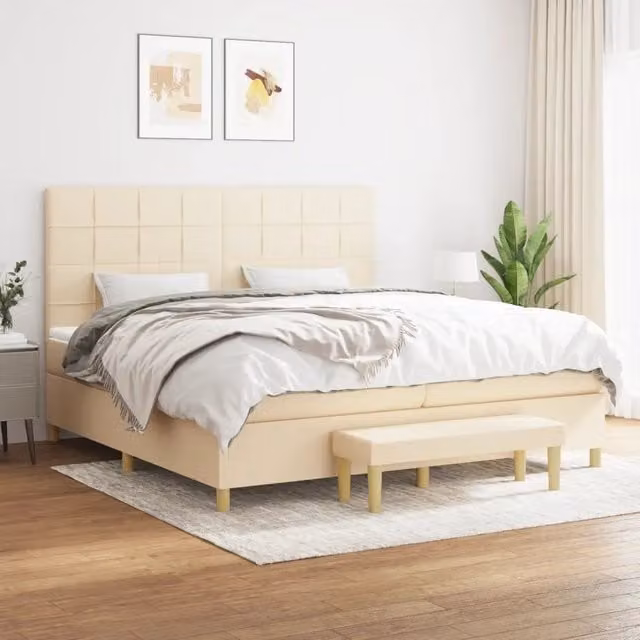 Letto Ibrido con Giroletto a Molle e Materasso vidaXL in Tessuto Beige e Bianco L/P: 200 x 200 cm, H: 128 cm