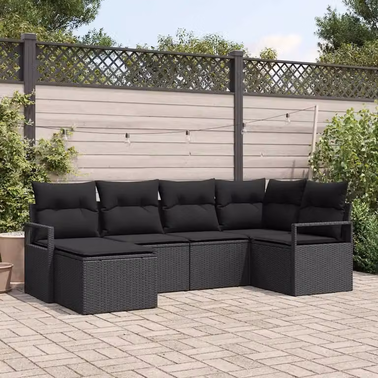 Set di divani da giardino vidaXL a forma di L con 6 pezzi, colore nero, in rattan con struttura in metallo e cuscini inclusi
