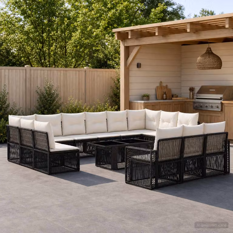 Set Divano da Giardino vidaXL 14 pz in Polyrattan Nero e Bianco Crema con Tavolino e Cuscini per Esterno