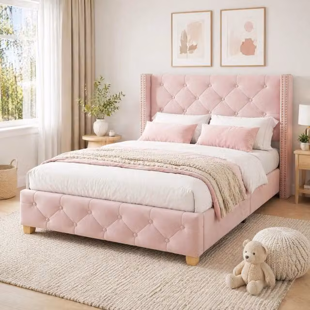 Letto singolo imbottito in velluto rosa 90x200 cm con rete a doghe