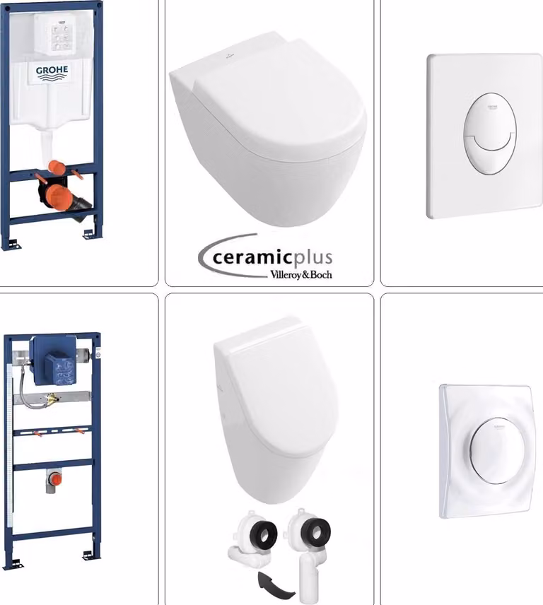 Orinatoio Villeroy & Boch Subway set con WC sospeso, rivestimento Ceramic Plus e accessori Grohe, bianco