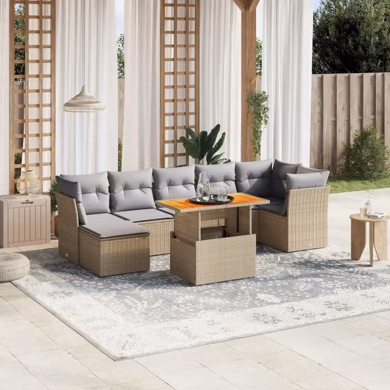 vidaXL Set Divano da Giardino 8 pz a L in Polyrattan con Cuscini Beige e Grigio e Tavolino da Caffè