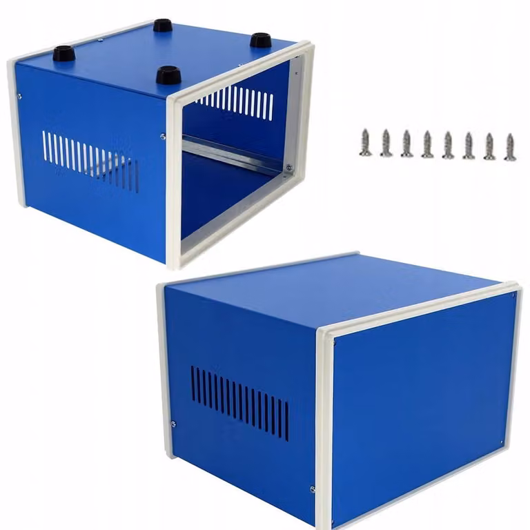 Contenitore metallico blu, dimensioni 120x320x268 mm, per elettronica