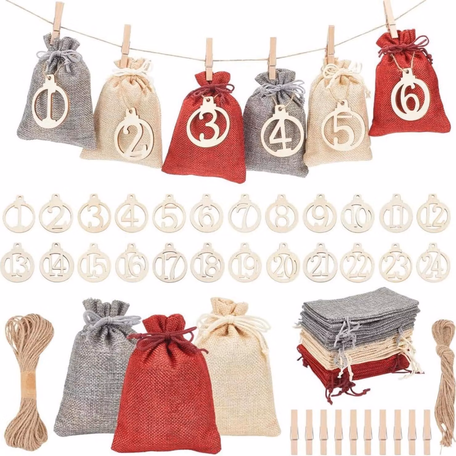 Calendario dell'Avvento da riempire, per bambini, composto da 24 sacchetti di 14 x 10 cm, in juta, nei colori rosso, giallo e grigio, con etichette numeriche in legno e corda di canapa