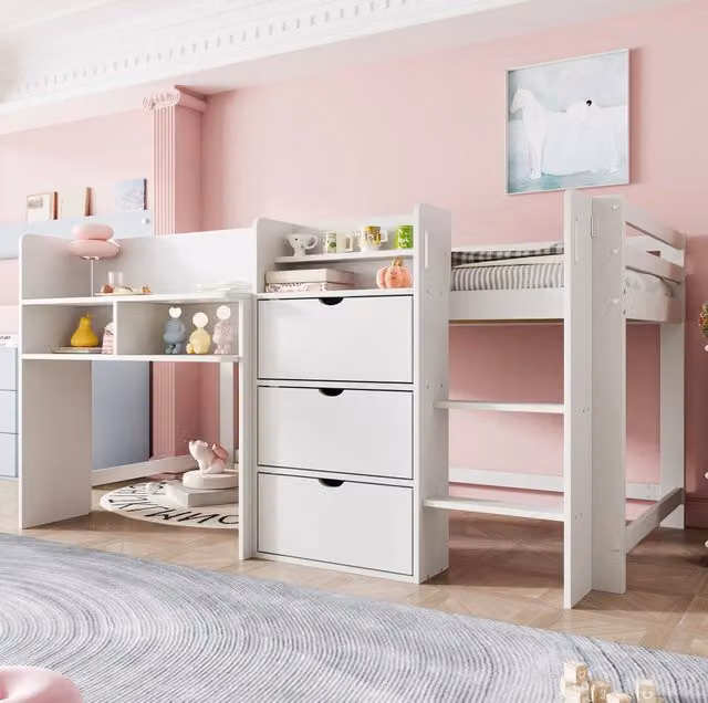 Letto rialzato per bambini 90x200 cm con cassetti e scaffali; in pino bianco