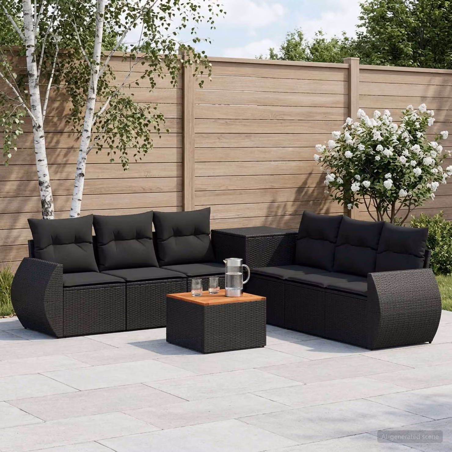 Set di divani da giardino vidaXL a forma di L composto da 8 pezzi in rattan sintetico e acciaio nero con cuscini inclusi