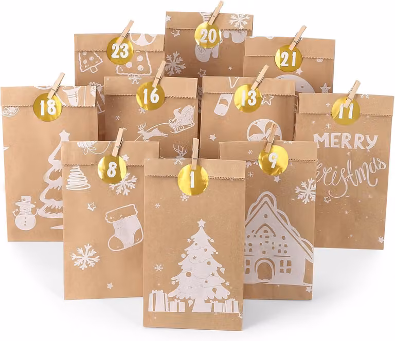 Calendario dell'Avvento 2025 da riempire - 24 sacchetti per il calendario dell'Avvento, da riempire personalmente - Calendario di Natale da riempire con adesivi e clip di legno