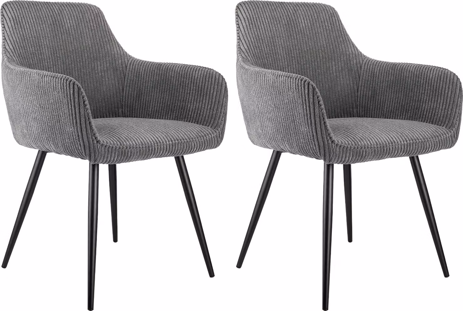 Sedia da pranzo AIORBER, 2 pezzi, in tessuto a coste, con braccioli, ergonomica, morbida e confortevole, gambe nere, per sala da pranzo, soggiorno, 58x61x83 cm, grigio scuro