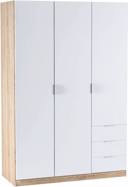 Armadio Guardaroba 3 Ante Con Asta Appendiabiti 3 Ripiani E 3 Cassetti Design Moderno Stile Nordico Salvaspazio Camera Da Letto Ospiti Multifunzione 121 x 52 x 180 Cm Bianco E Rovere