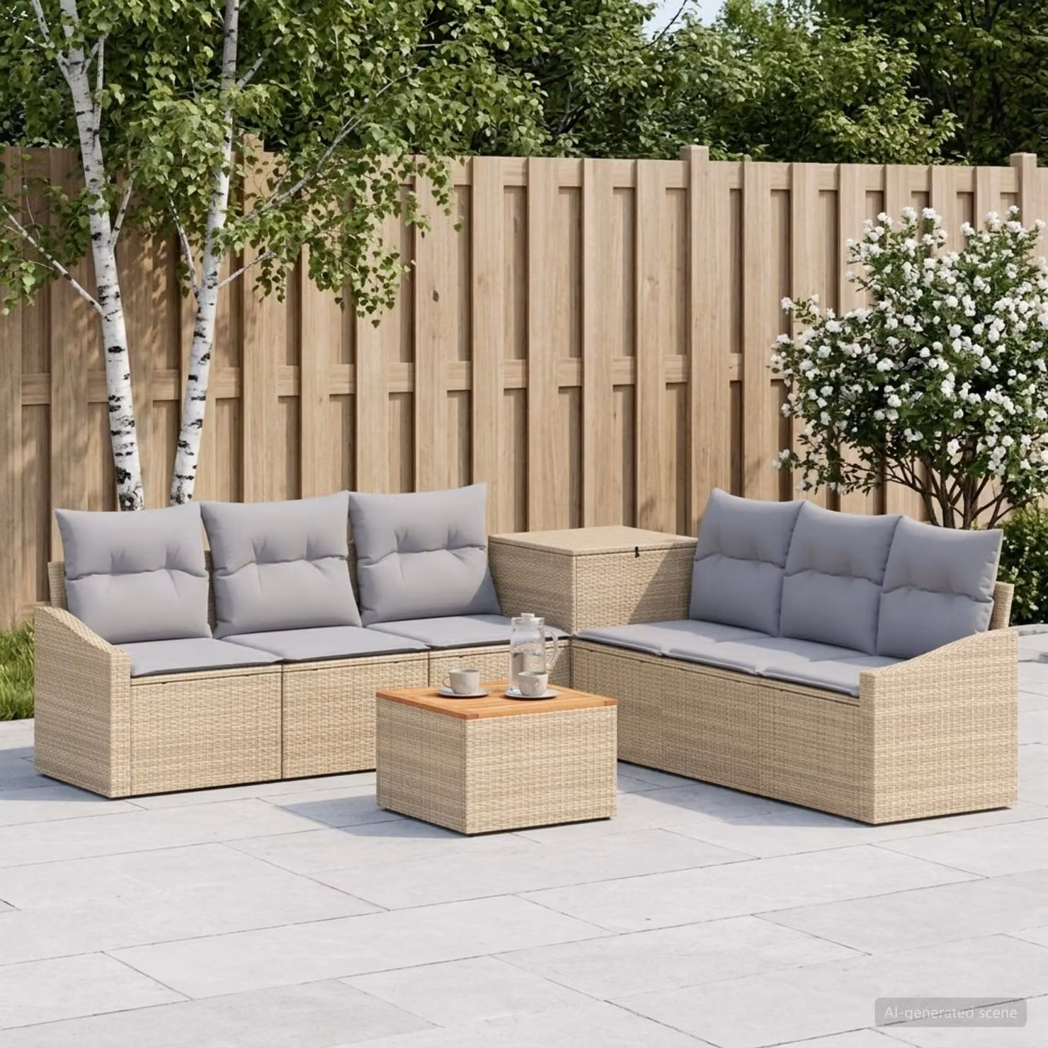 Set di divani da giardino vidaXL in polyrattan 8 pezzi con tavolino e cuscini, colore beige e grigio chiaro