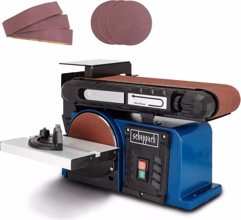 Levigatrice a nastro e a disco Scheppach BTS900 con 6 accessori | Levigatrice 370W | 230V | 2850 min-1 | Disco abrasivo Ø 150mm | Levigatrice a nastro