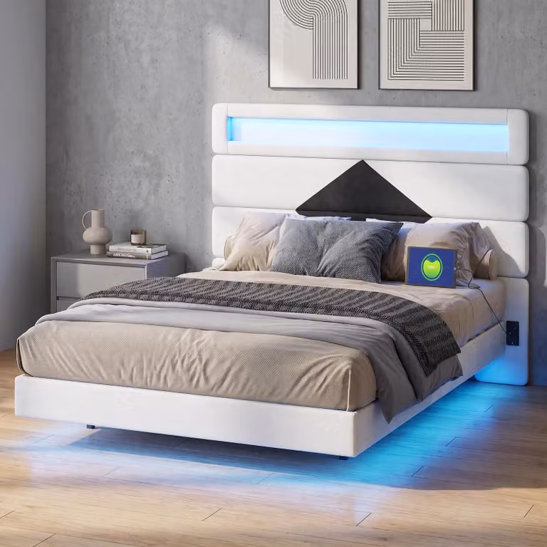 Letto imbottito INONEFT 140x190 cm con USB e LED, letto multifunzionale con testiera a rombo regolabile, design sospeso, letto a castello per adolescenti, rivestito in velluto