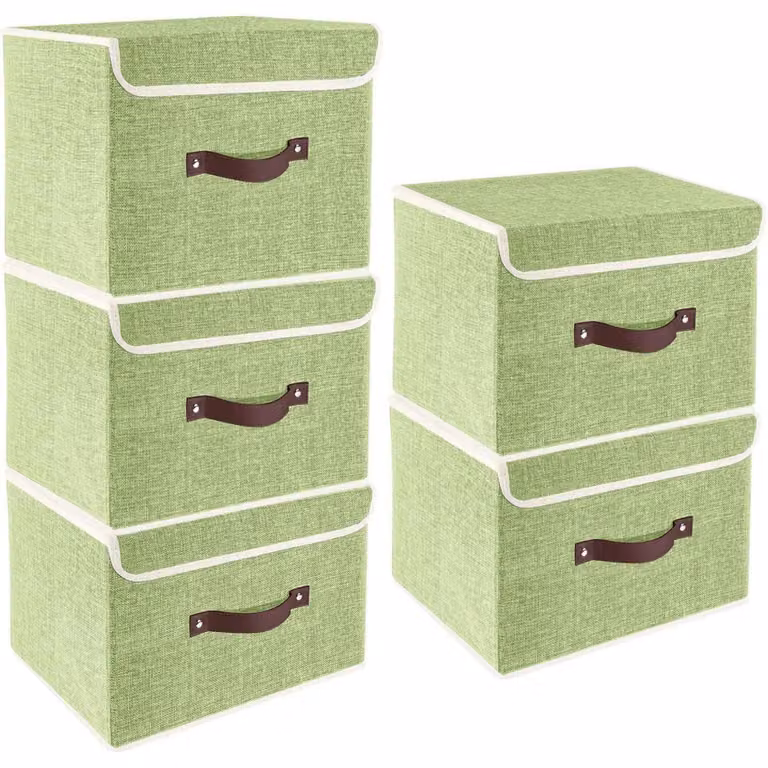 Contenitore pieghevole con coperchio, in tessuto, lavabile, set da 5, colore verde, dimensioni 38x25x25 cm