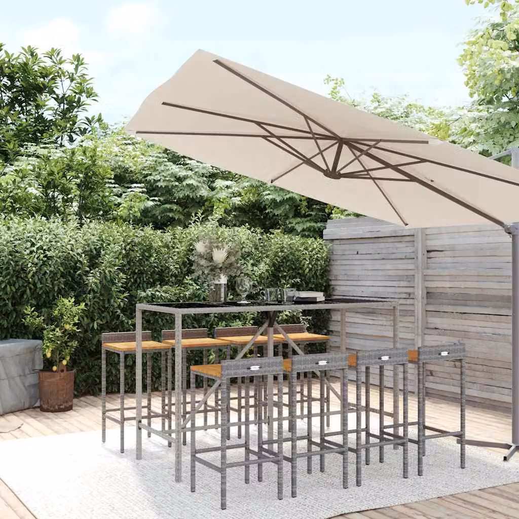 Set Bar da Giardino vidaXL in 9 Pezzi Grigio con Polyrattan, Legno di Acacia e Vetro