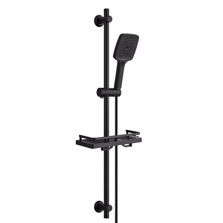 JOHO Asta doccia in acciaio inossidabile da 100 cm con ripiano, set con doccetta, set doccia regolabile adatto ai fori già presenti, nero