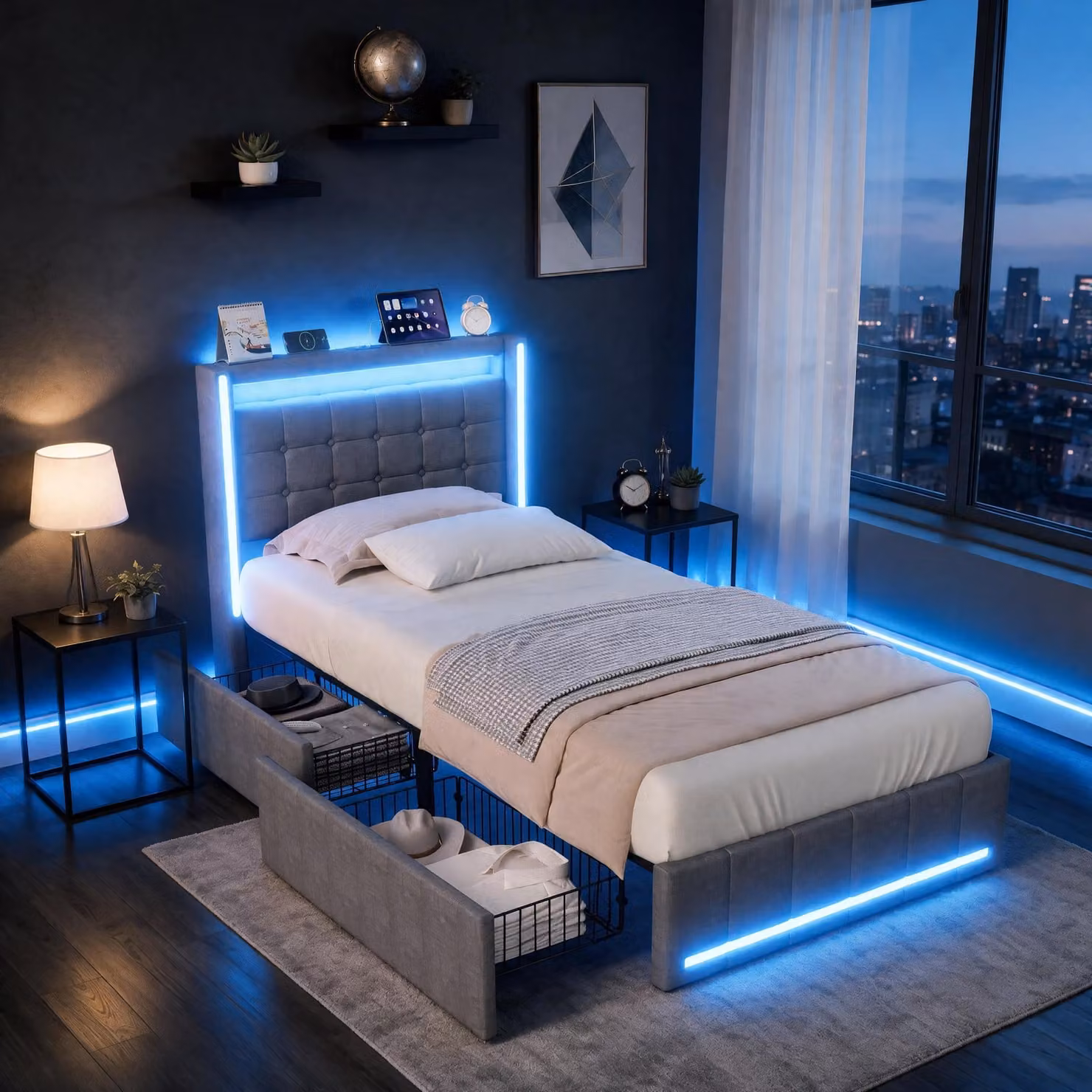 Letto imbottito INONEFT 90x200 con spazio contenitore, letto per ragazzi con LED e porte USB/Tipo C, letto singolo con 2 cassetti, letto contenitore con rete a doghe, tessuto in lino, colore grigio