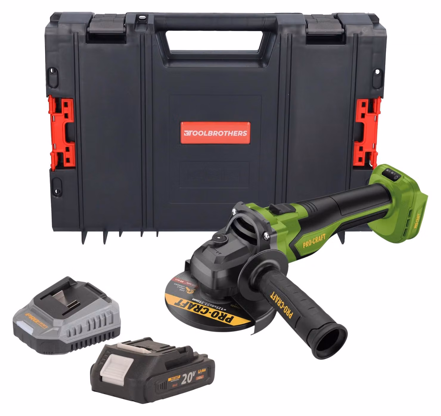 Smerigliatrice angolare a batteria Procraft PGA22-BB 20 V 125 mm Brushless + 1x batteria 2,0 Ah + caricabatteria + valigetta RHINO