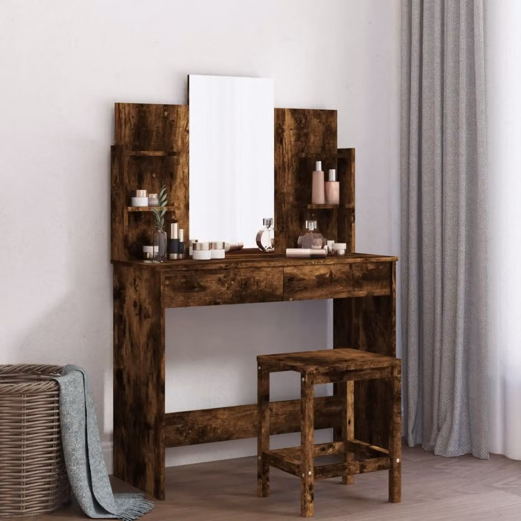 vidaXL Toeletta con Specchio in Rovere Fumo, L: 96 cm, P: 39 cm, H: 142 cm